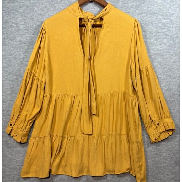 Maeve Anthropologie Mustard Goldie Tiered Tunic Top Tie Neck Back Sz S - Picture 2 of 6